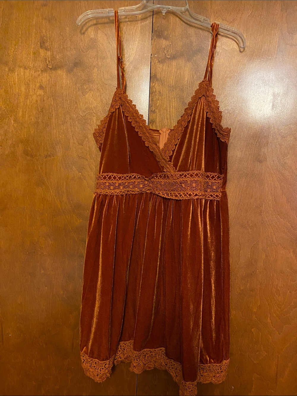 Cider Velvet Lace Trim Chemise in Rust Brown
